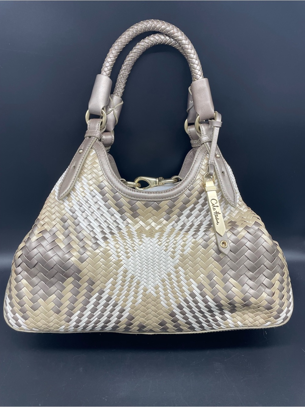 Cole Haan Genevieve Metallic Taupe Woven Leather Shoulder Bag